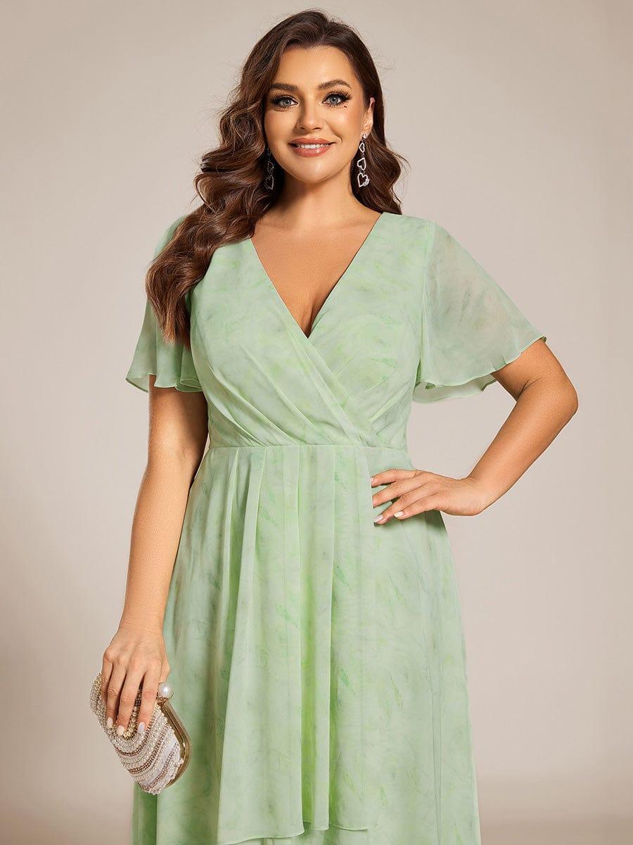 Plus Size Chiffon Short Sleeves Pleated V-Neck A-Line Midi Wedding Guest Dress  #color_Light Green Roses