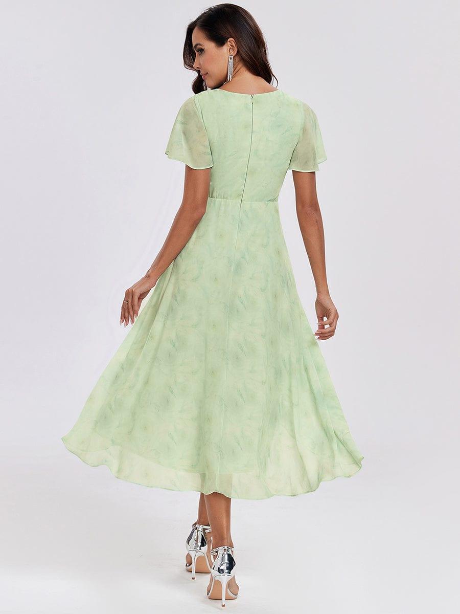 Ruffles Sleeve Pleated V-Neck A-Line Midi Chiffon Wedding Guest Dress #color_Light Green Roses