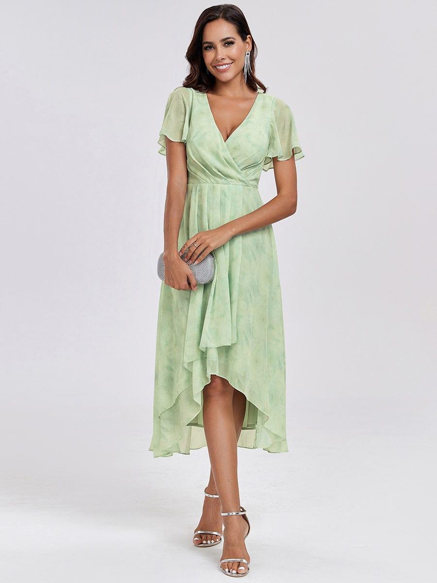 Ruffles Sleeve Pleated V-Neck A-Line Midi Chiffon Wedding Guest Dress #color_Light Green Roses