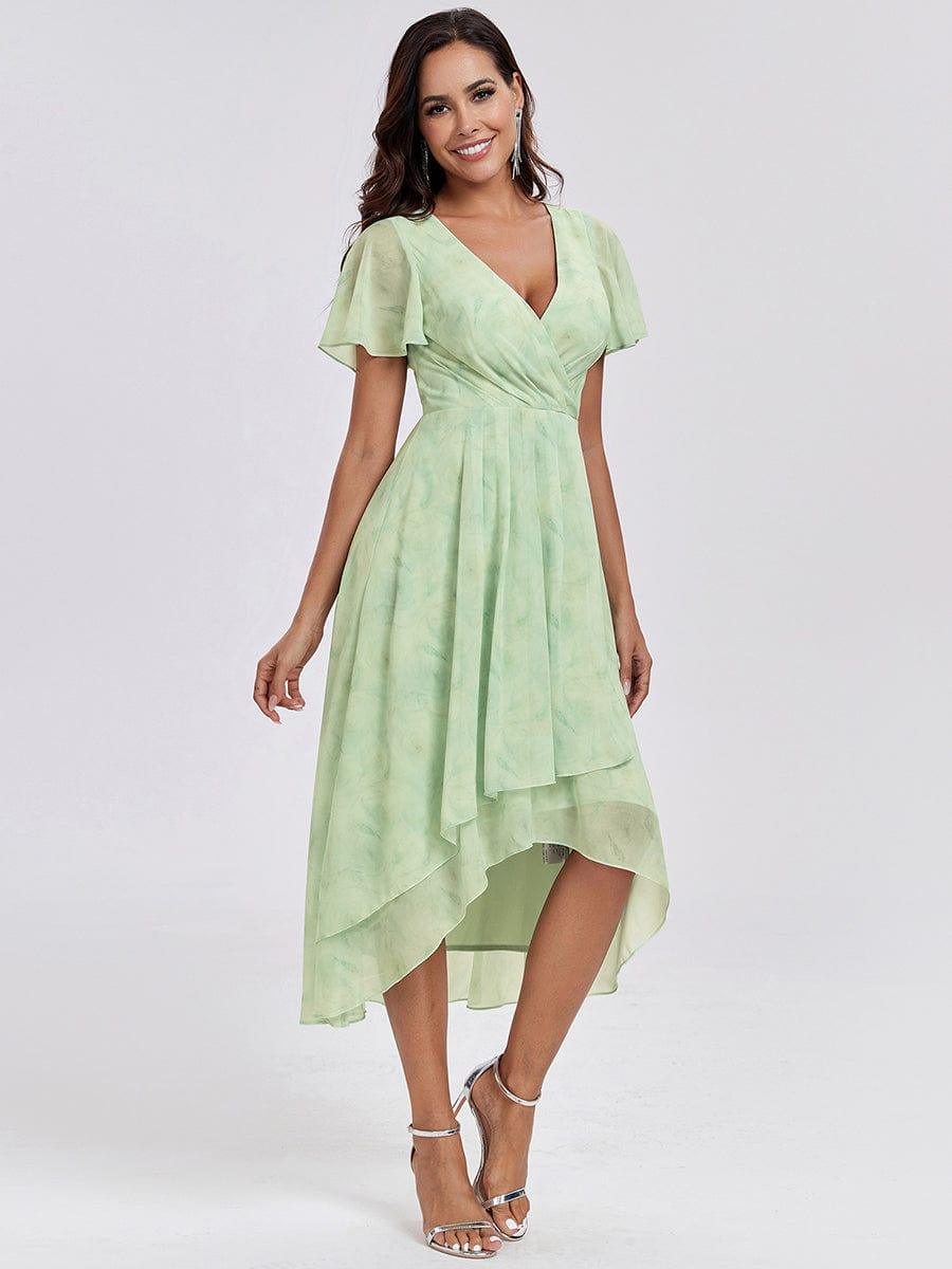 Ruffles Sleeve Pleated V-Neck A-Line Midi Chiffon Wedding Guest Dress #color_Light Green Roses