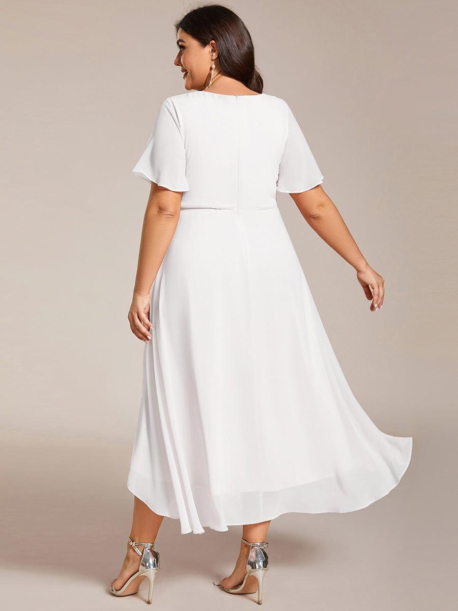 Plus Size Chiffon Short Sleeves Pleated V-Neck A-Line Midi Wedding Guest Dress #color_White