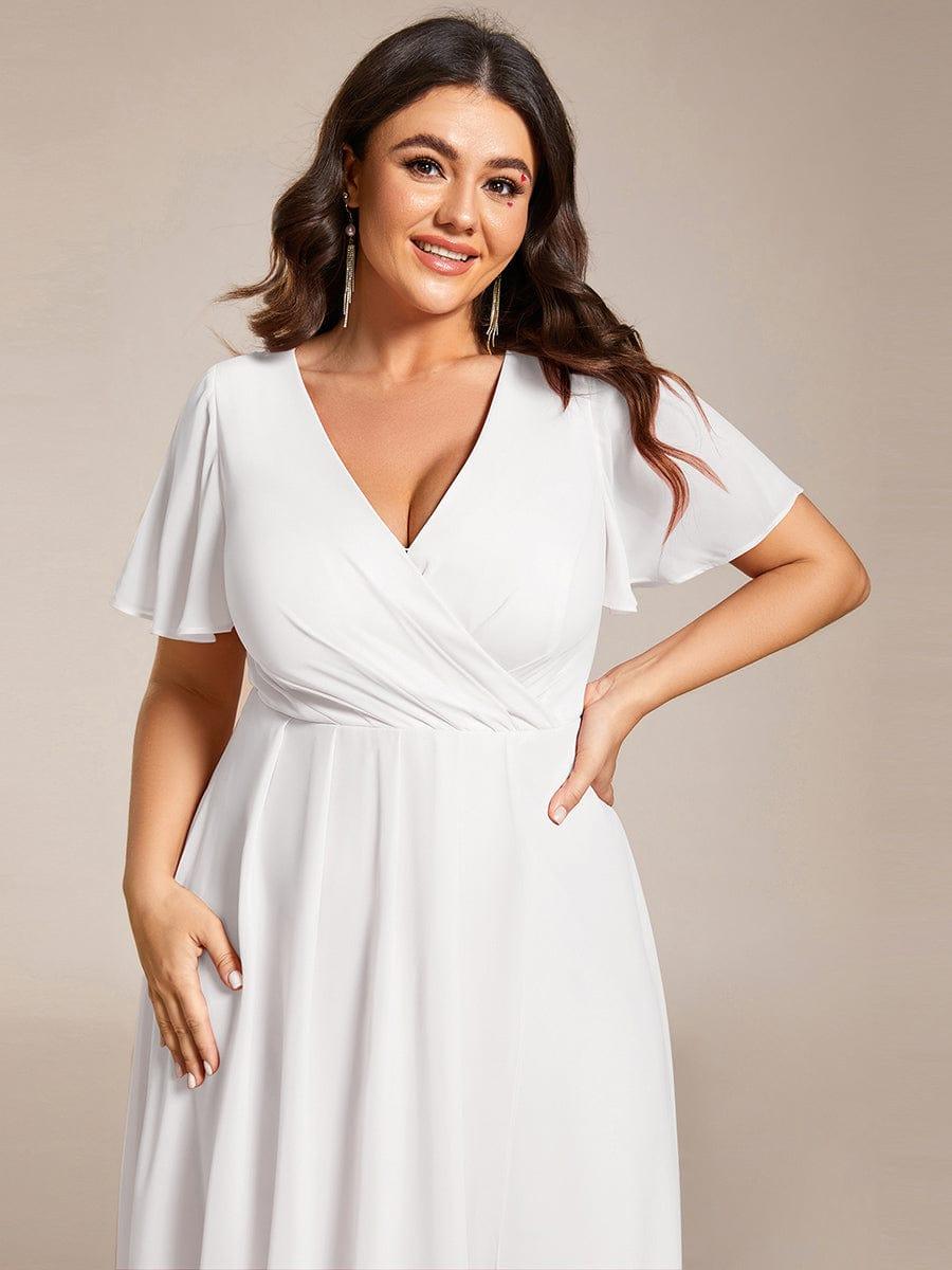 Plus Size Chiffon Short Sleeves Pleated V-Neck A-Line Midi Wedding Guest Dress #color_White