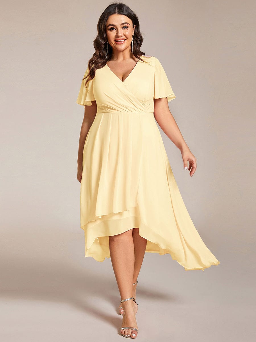 Plus Size Chiffon Short Sleeves Pleated V-Neck A-Line Midi Wedding Guest Dress  #color_Yellow