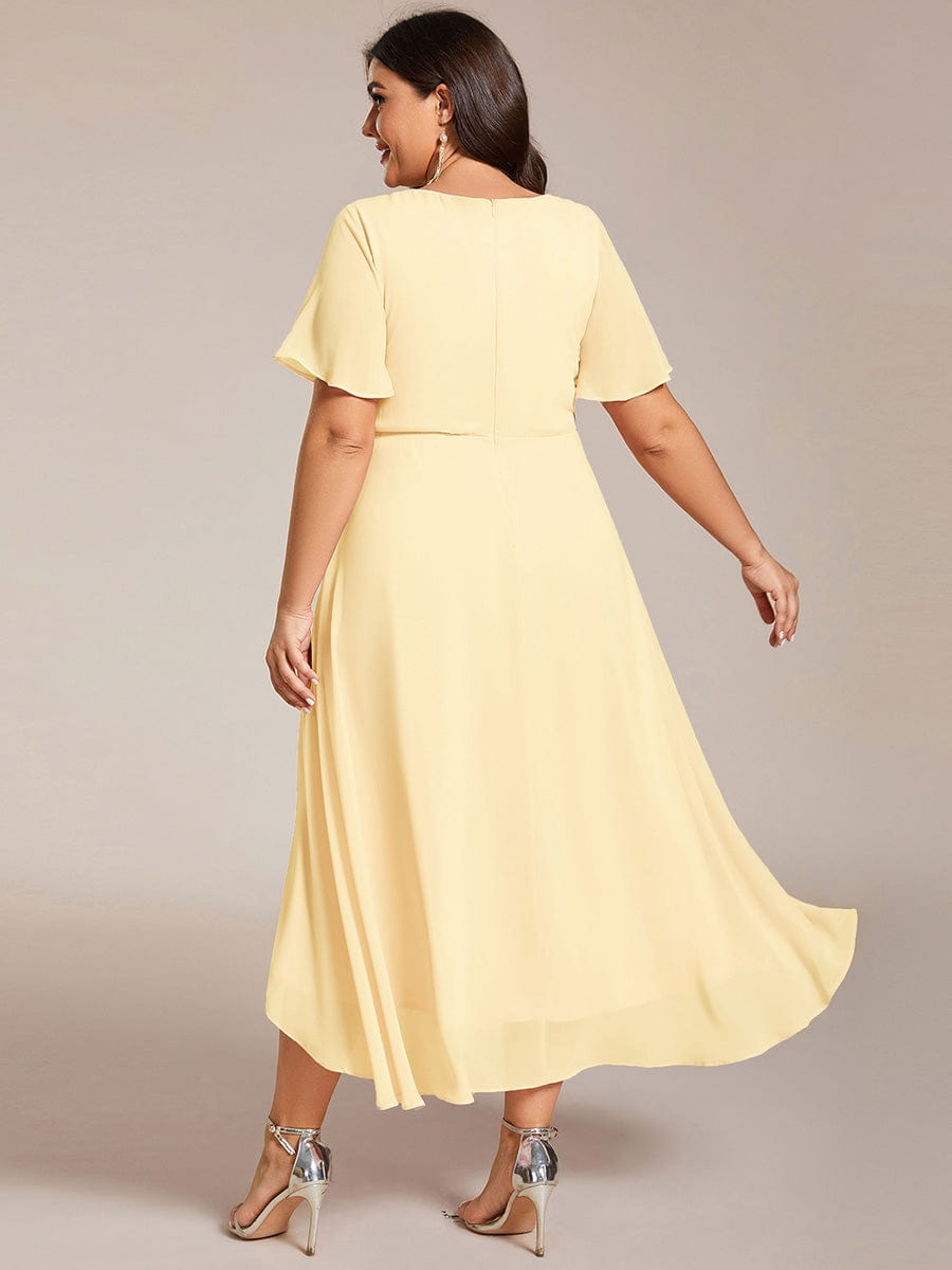 Plus Size Chiffon Short Sleeves Pleated V-Neck A-Line Midi Wedding Guest Dress  #color_Yellow