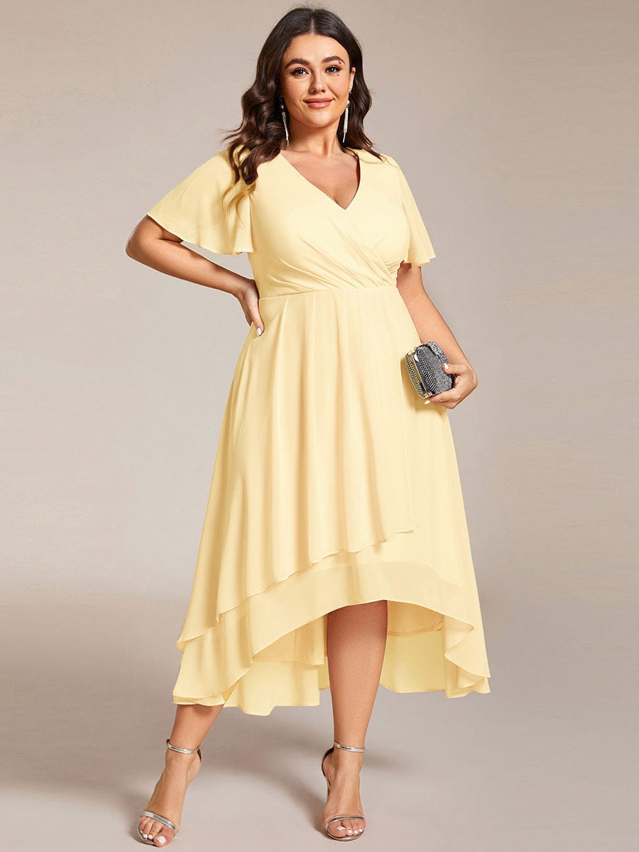 Plus Size Chiffon Short Sleeves Pleated V-Neck A-Line Midi Wedding Guest Dress  #color_Yellow