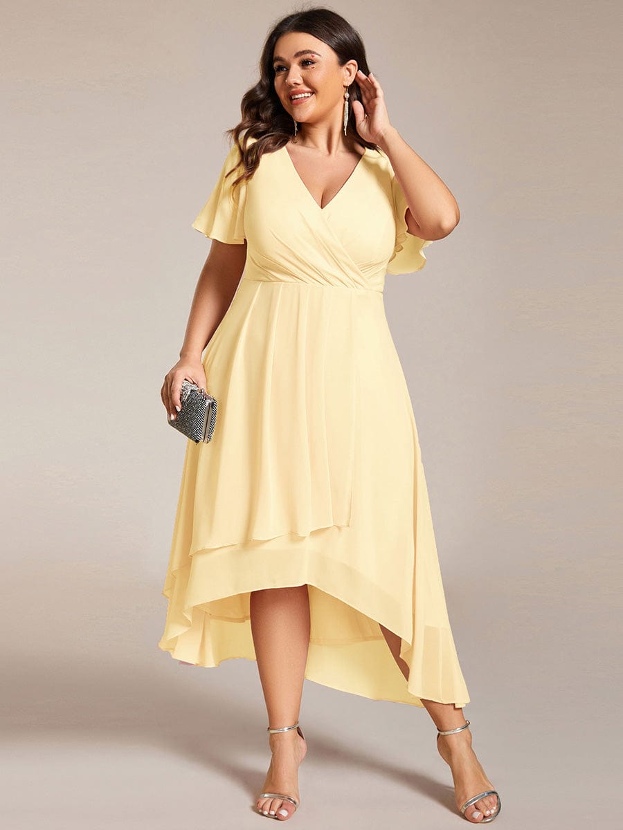 Plus Size Chiffon Short Sleeves Pleated V-Neck A-Line Midi Wedding Guest Dress  #color_Yellow
