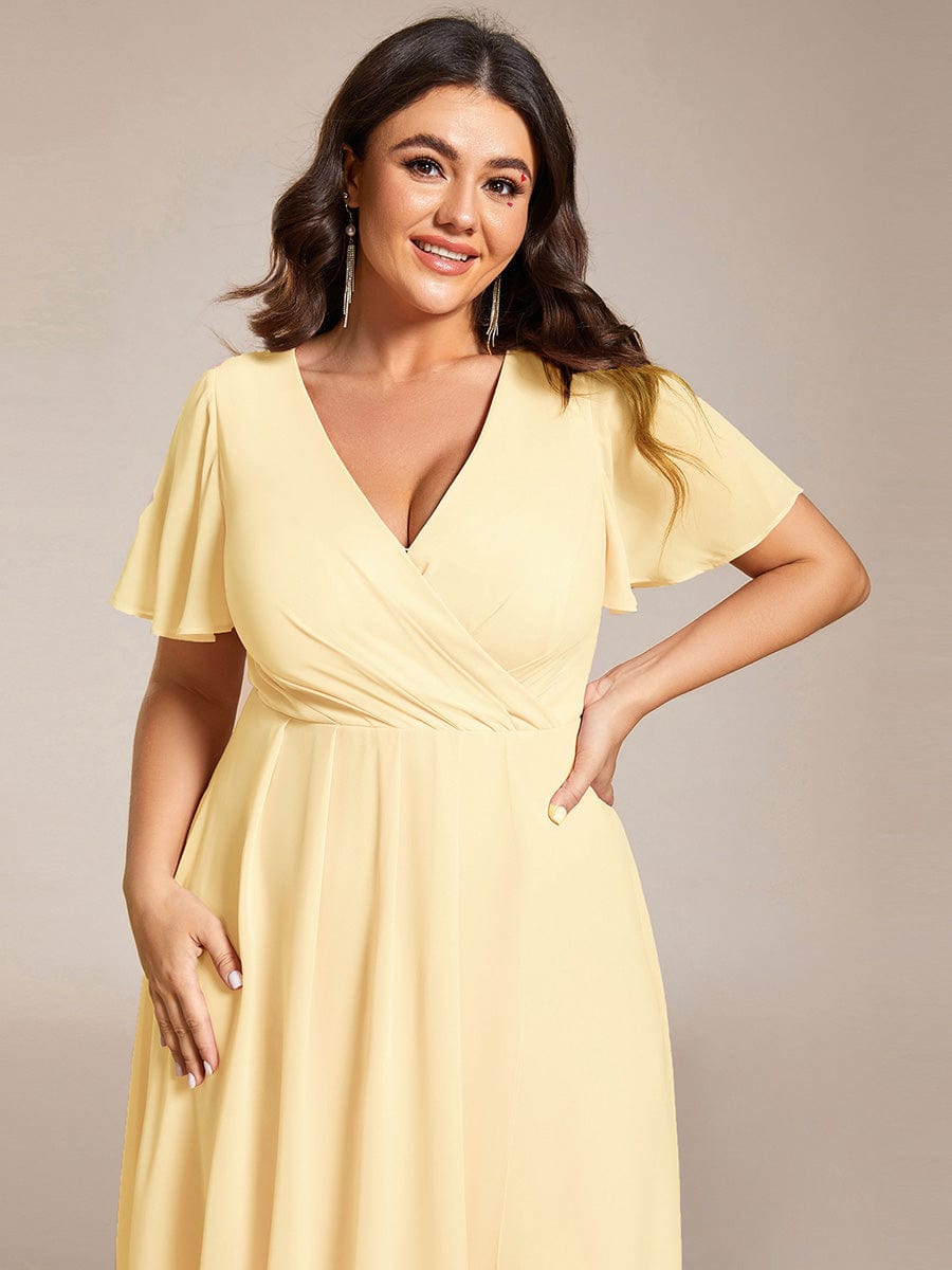 Plus Size Chiffon Short Sleeves Pleated V-Neck A-Line Midi Wedding Guest Dress  #color_Yellow