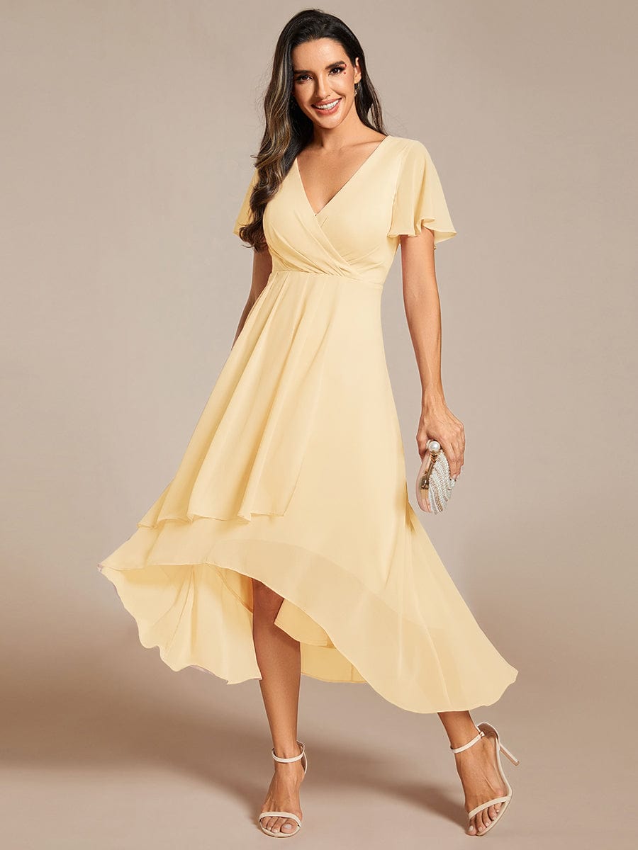Ruffles Sleeve Pleated V-Neck A-Line Midi Chiffon Wedding Guest Dress #color_Yellow
