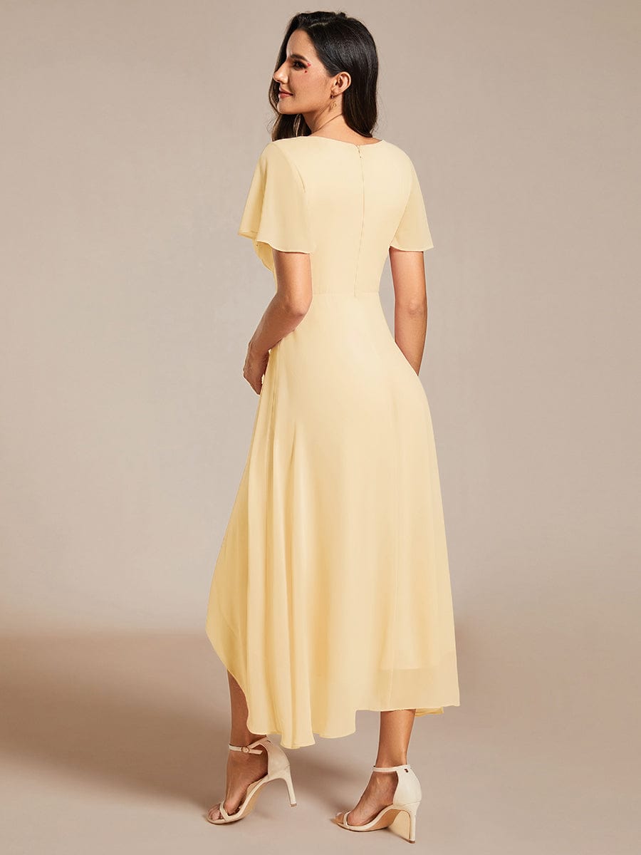 Ruffles Sleeve Pleated V-Neck A-Line Midi Chiffon Wedding Guest Dress #color_Yellow