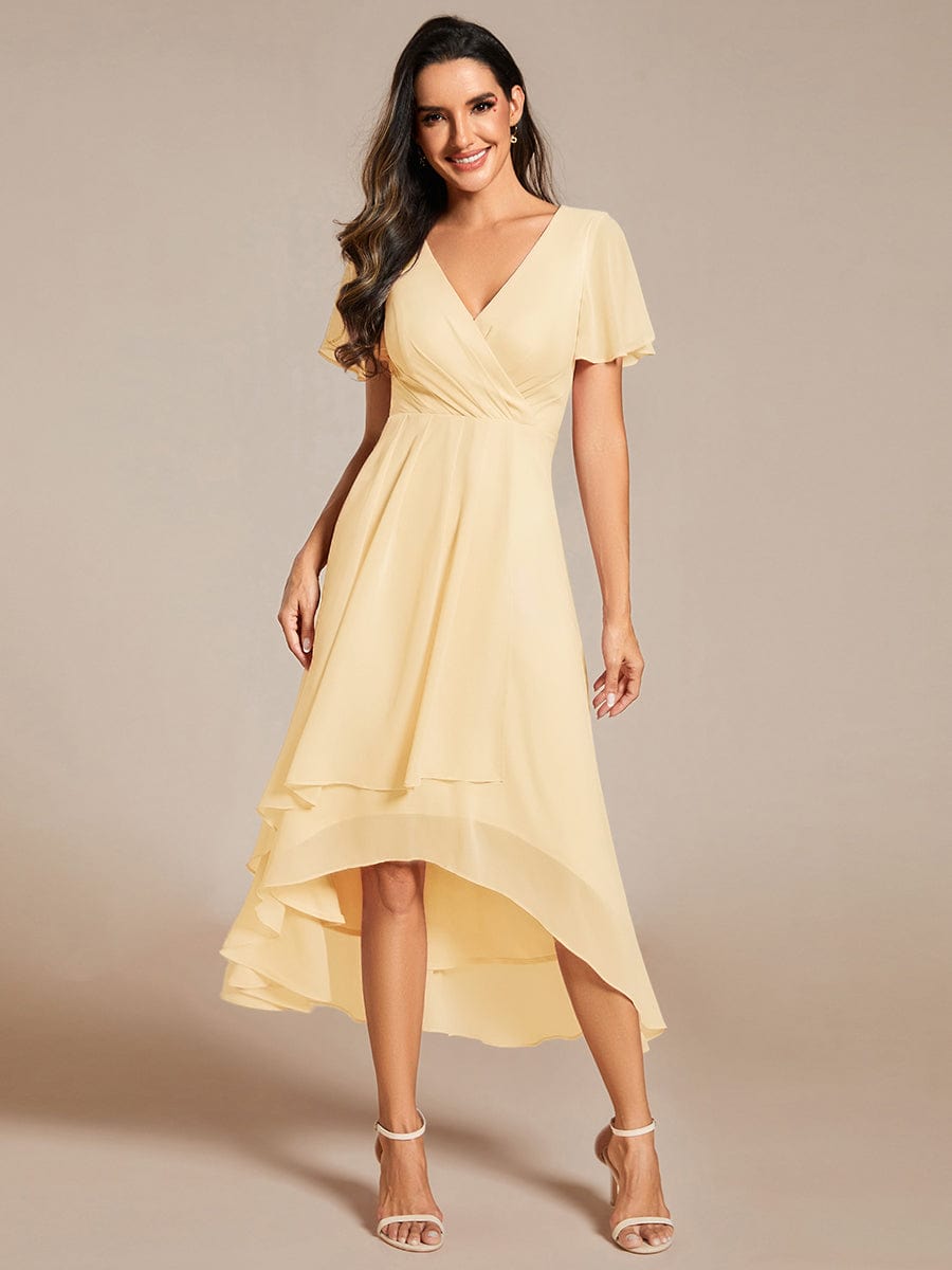 Ruffles Sleeve Pleated V-Neck A-Line Midi Chiffon Wedding Guest Dress #color_Yellow