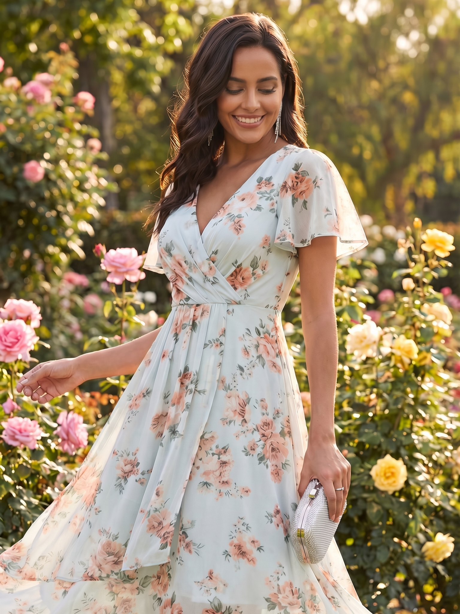 Deep V-Neck Chiffon Ruffle Sleeve Wedding Guest Dress #color_Amber Bloom