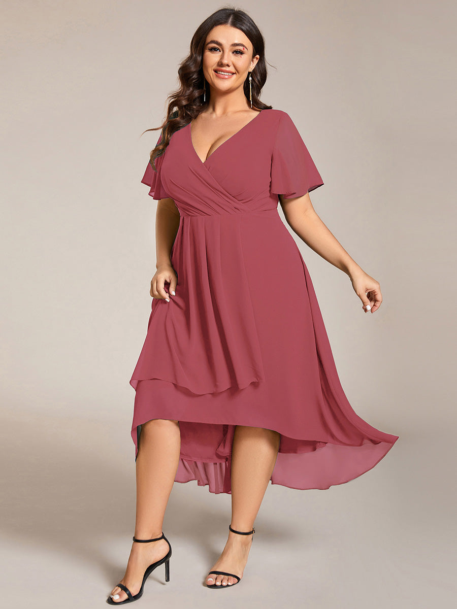 Plus Size Chiffon Short Sleeves Pleated V-Neck A-Line Midi Wedding Guest Dress #color_Cameo Brown
