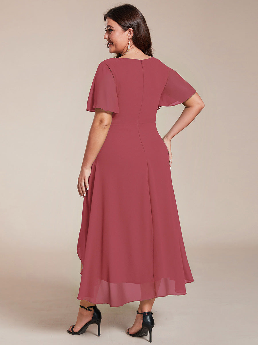 Plus Size Chiffon Short Sleeves Pleated V-Neck A-Line Midi Wedding Guest Dress #color_Cameo Brown