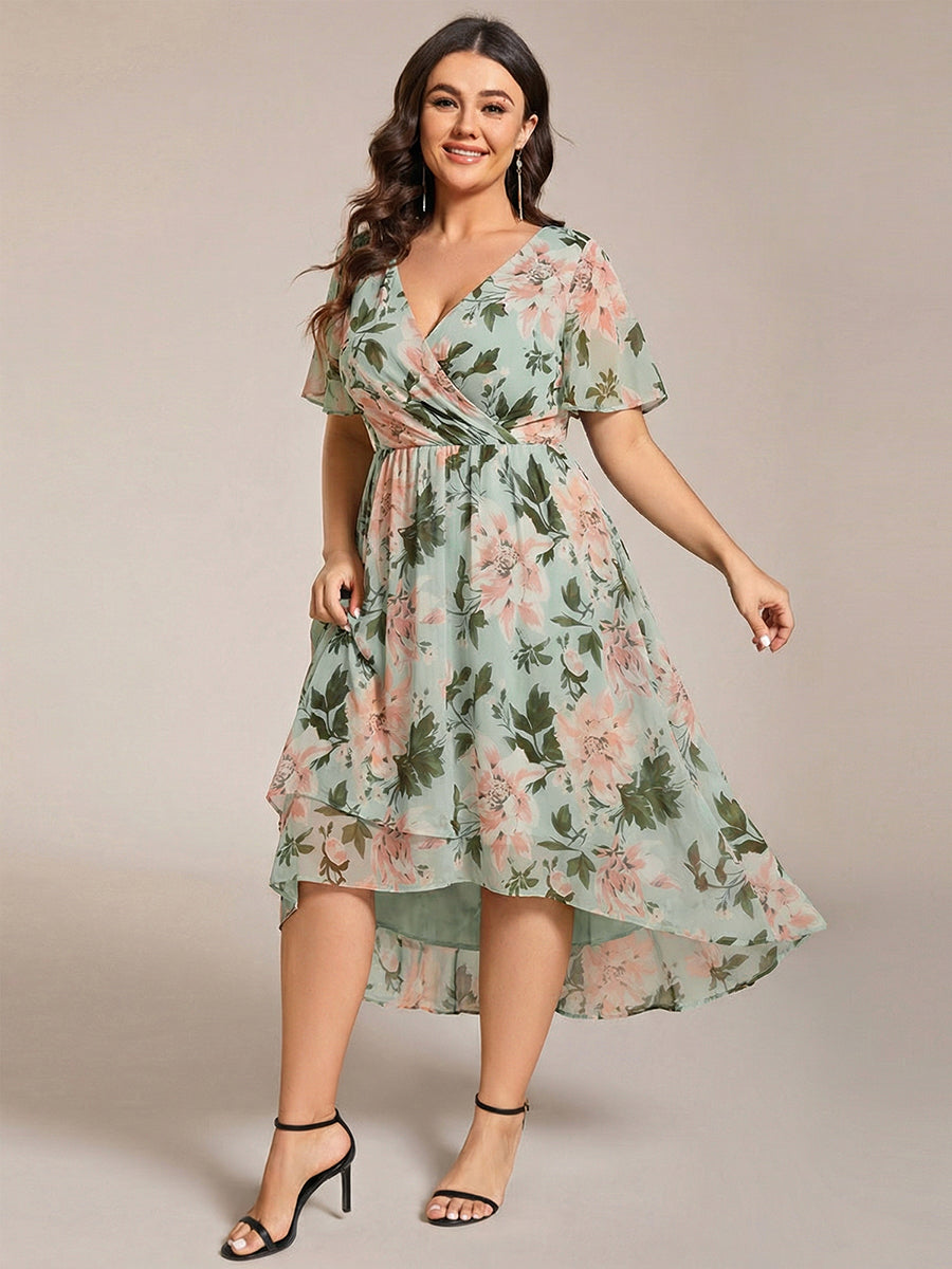 Deep V-Neck Chiffon Ruffle Sleeve Wedding Guest Dress #color_Light Green Floral