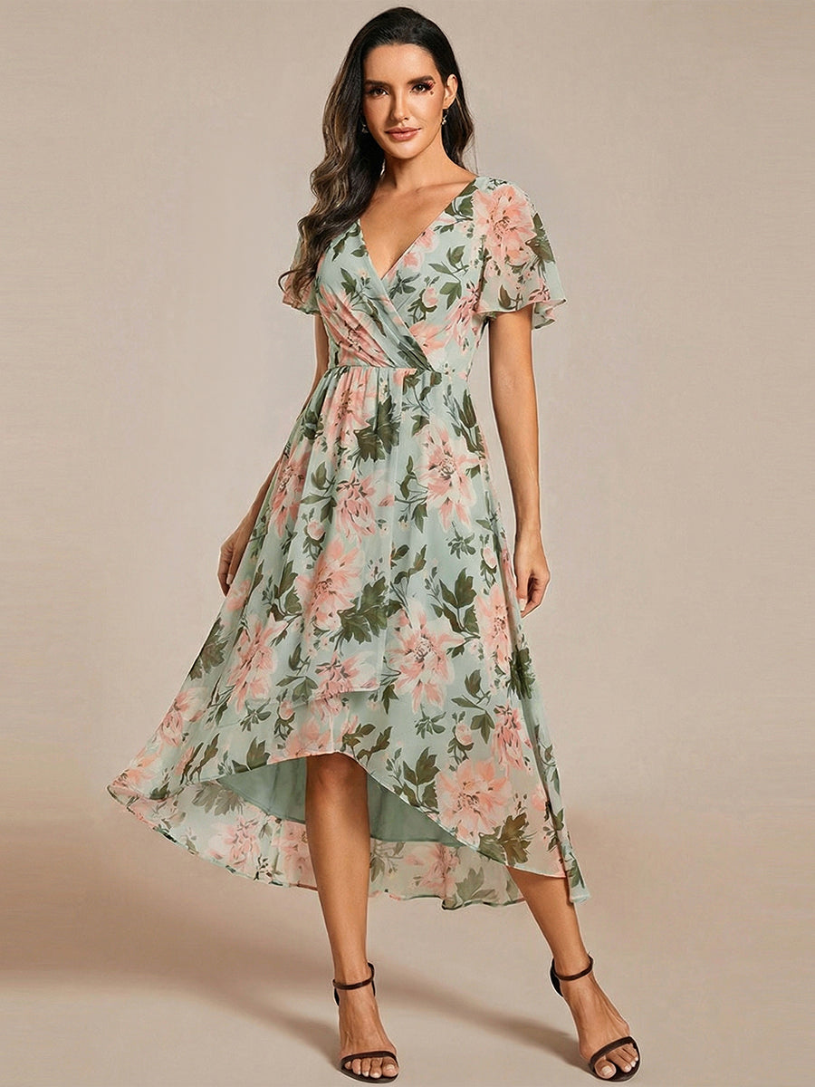 Deep V-Neck Chiffon Ruffle Sleeve Wedding Guest Dress #color_Light Green Floral