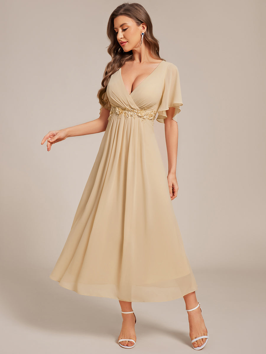 Short Sleeves V-Neck Tea Length Wedding Guest Dress with Floral Applique #color_Champagne