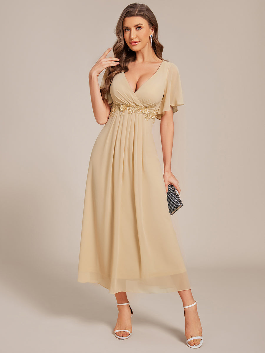 Short Sleeves V-Neck Tea Length Wedding Guest Dress with Floral Applique #color_Champagne