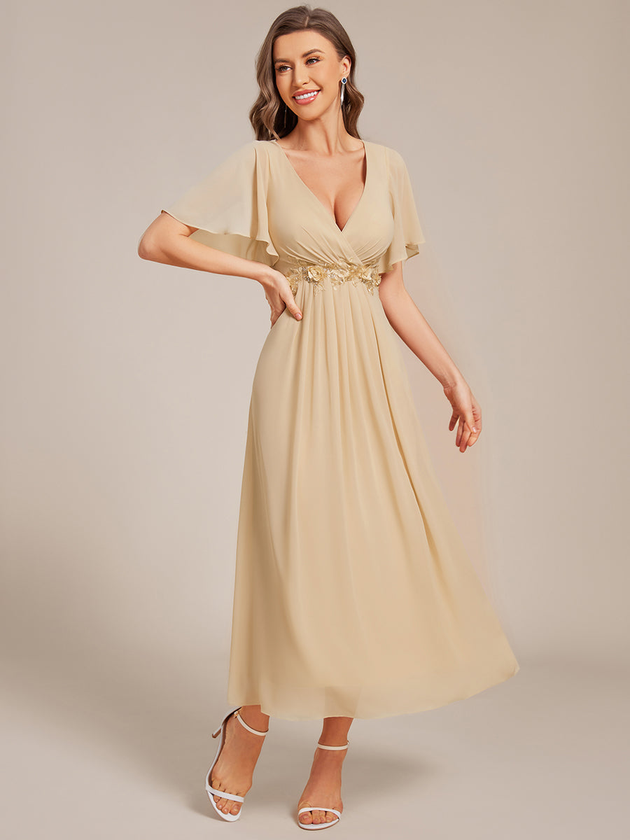 Short Sleeves V-Neck Tea Length Wedding Guest Dress with Floral Applique #color_Champagne