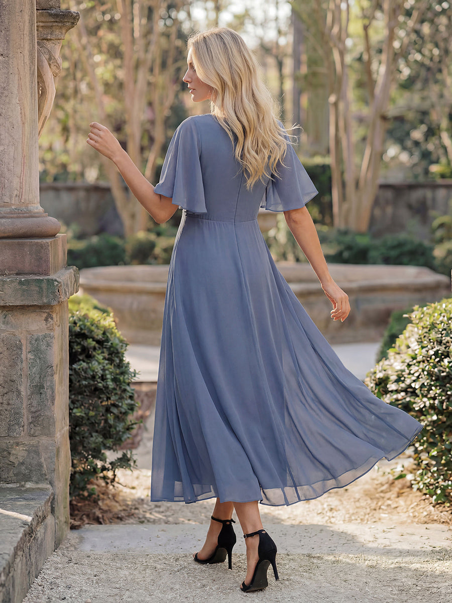 Short Sleeves V-Neck Tea Length Wedding Guest Dress with Floral Applique #color_Dusty Blue
