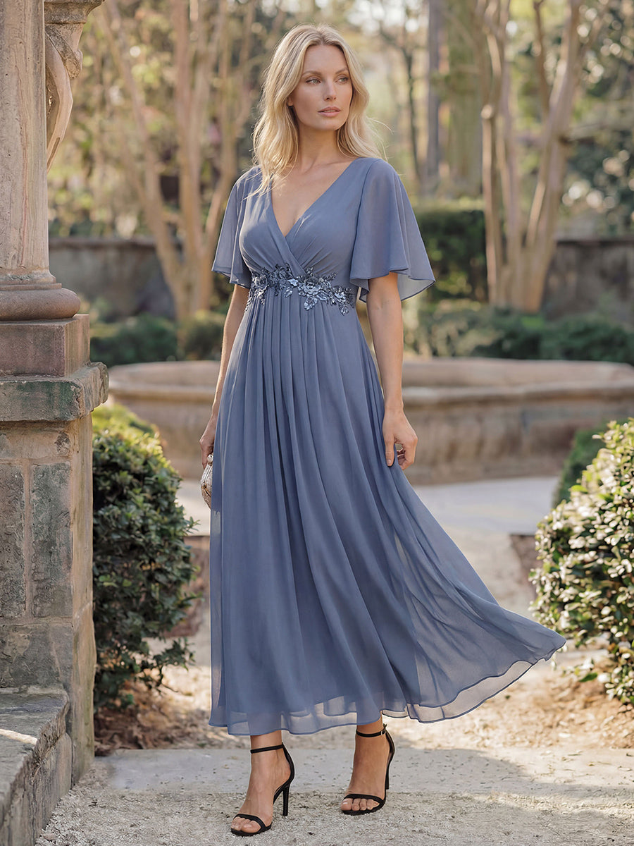 Short Sleeves V-Neck Tea Length Wedding Guest Dress with Floral Applique #color_Dusty Blue