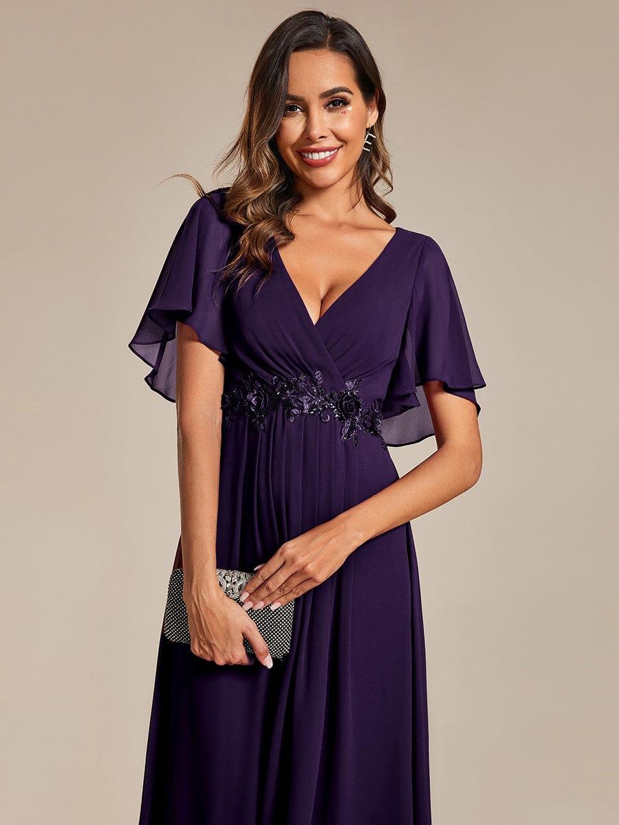 Short Sleeves V-Neck Tea Length Wedding Guest Dress with Floral Applique #color_Dark Purple