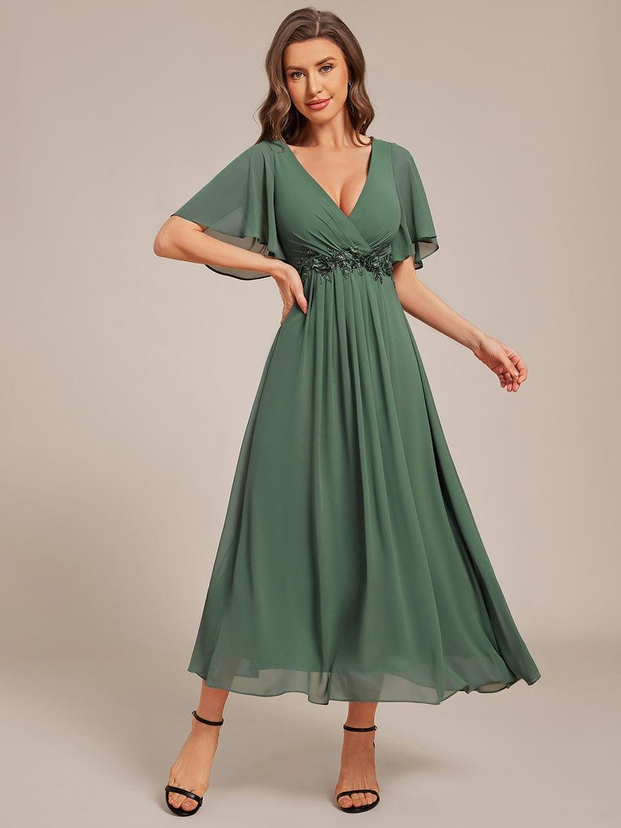 Short Sleeves V-Neck Tea Length Wedding Guest Dress with Floral Applique #color_Eucalyptus