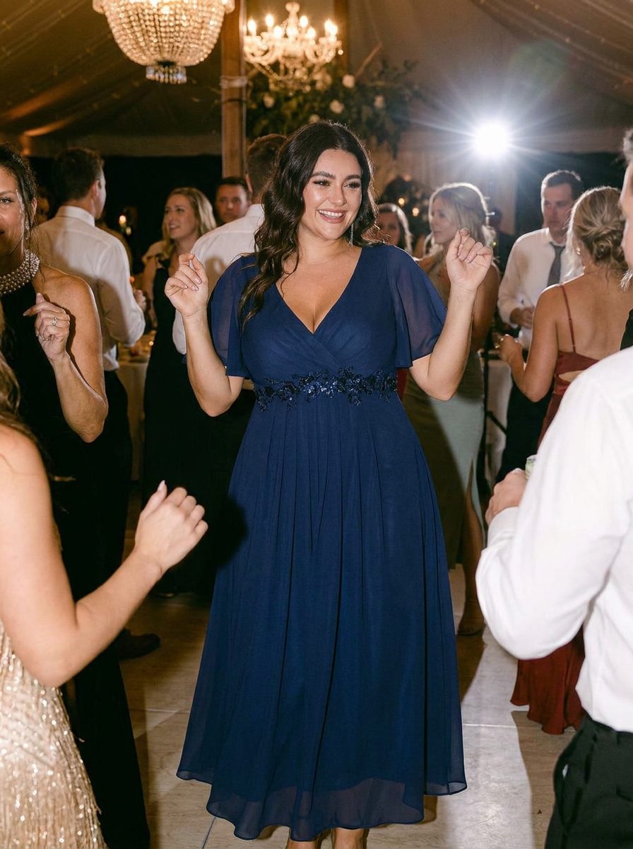 Short Sleeves V-Neck Tea Length Wedding Guest Dress with Floral Applique #color_Navy Blue