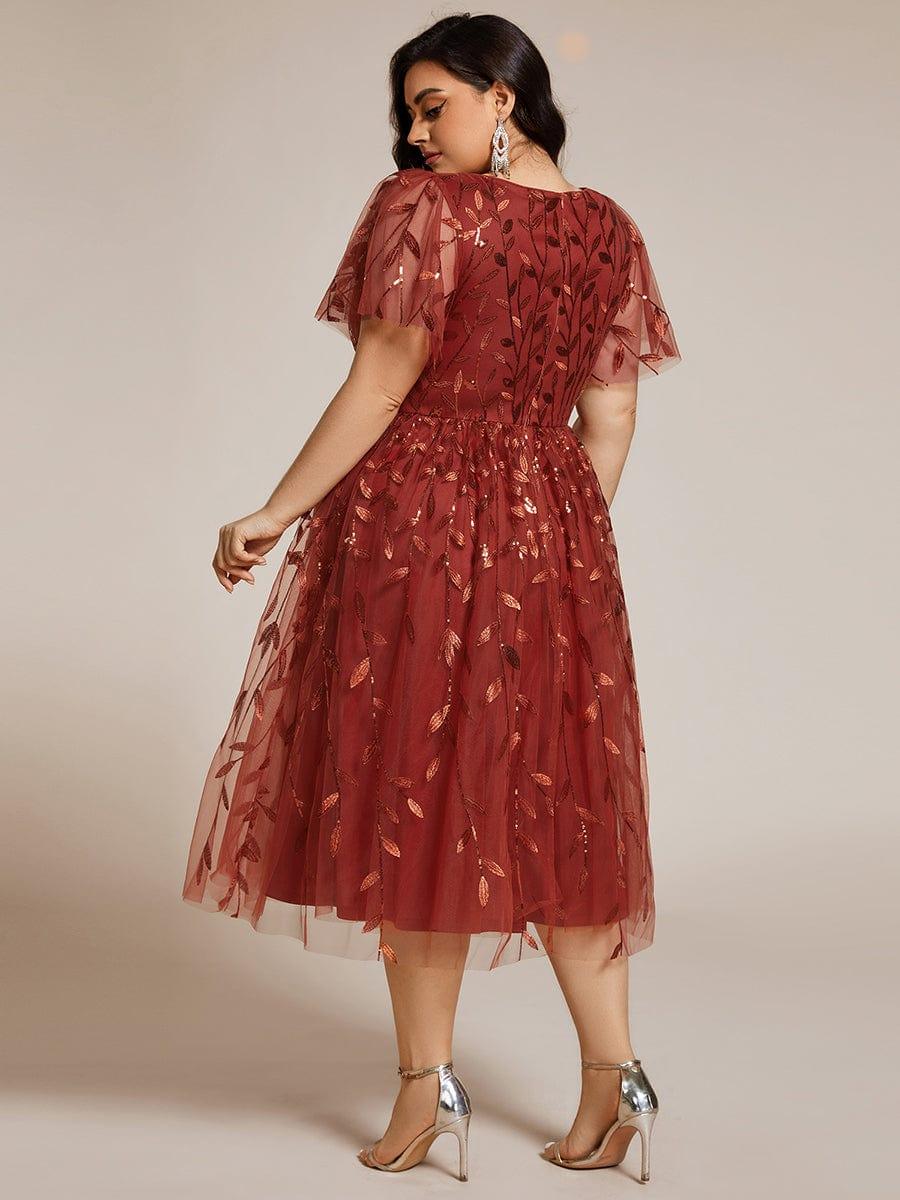 Plus Size Sparkly A-Line Midi Tulle Formal Wedding Guest Dress with Leaf Sequin #color_Burnt Orange