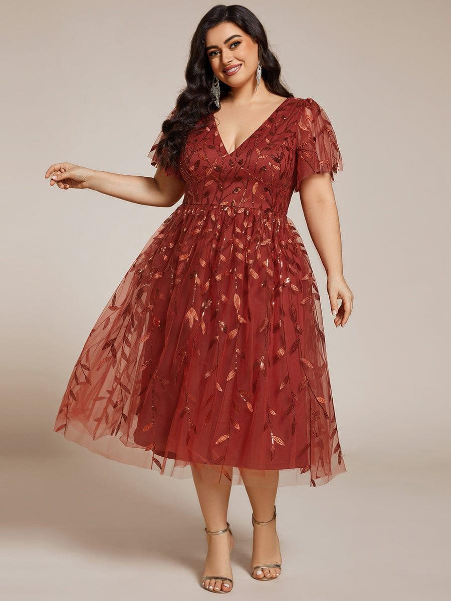 Plus Size Sparkly A-Line Midi Tulle Formal Wedding Guest Dress with Leaf Sequin #color_Burnt Orange