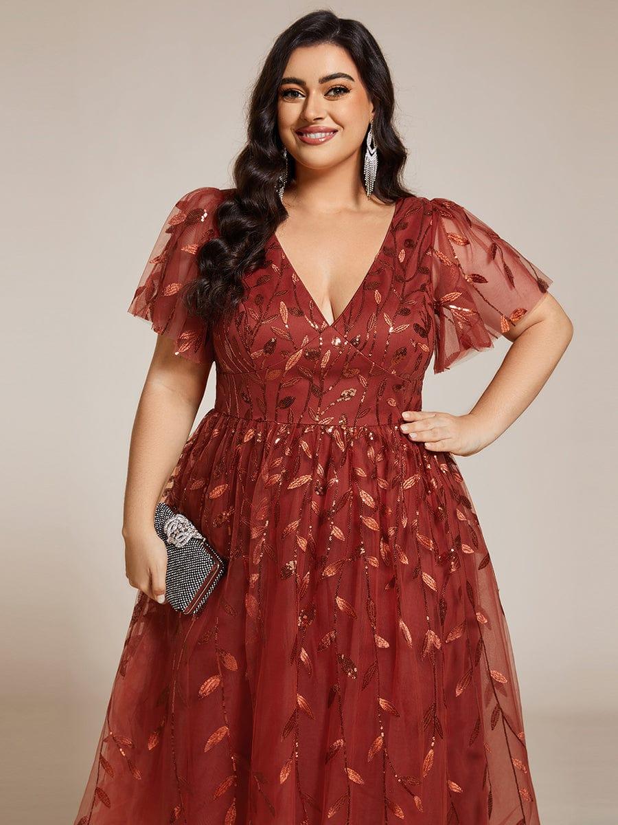 Plus Size Sparkly A-Line Midi Tulle Formal Wedding Guest Dress with Leaf Sequin #color_Burnt Orange