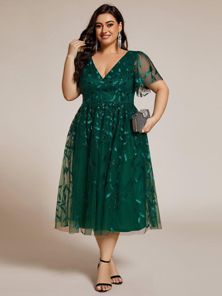 Plus Size Sparkly A-Line Midi Tulle Formal Wedding Guest Dress with Leaf Sequin #color_Dark Green