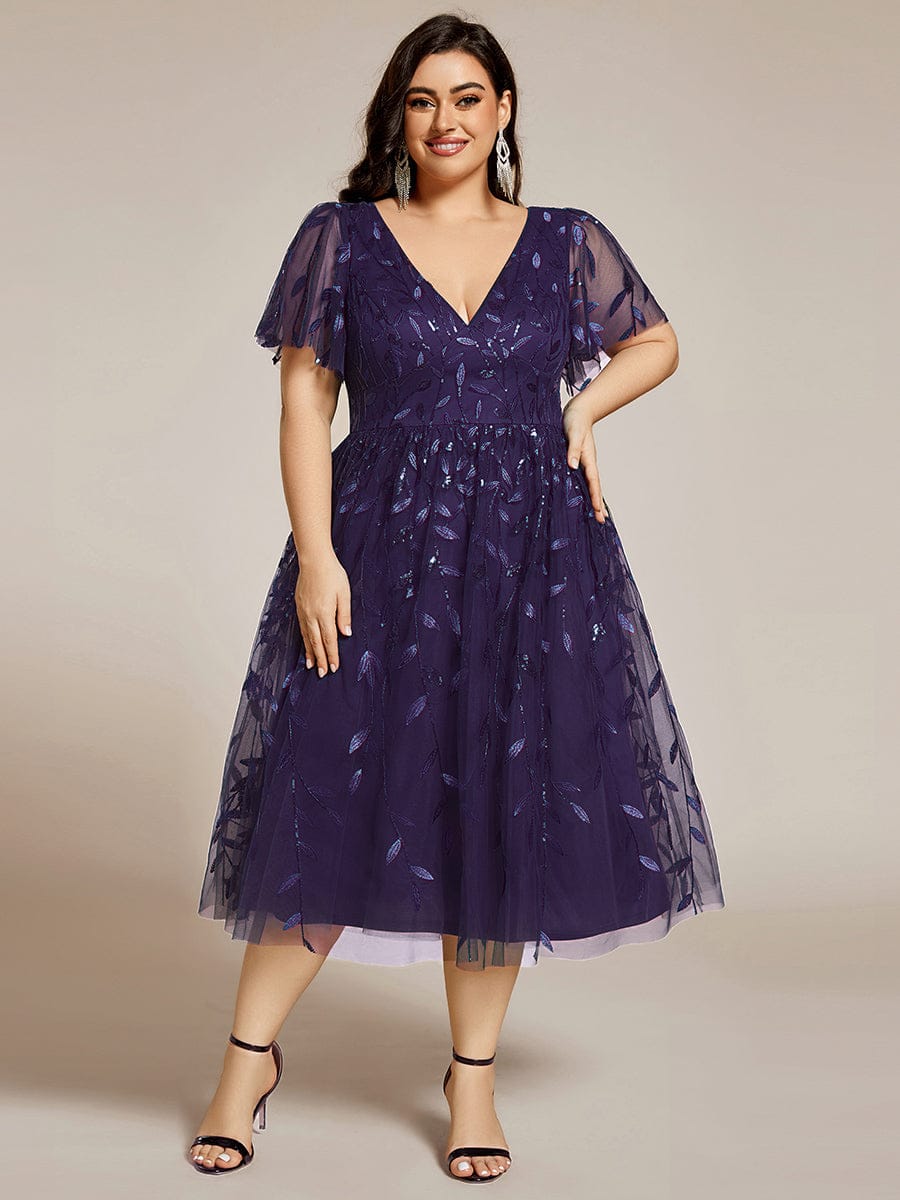 Plus Size Sparkly A-Line Midi Tulle Formal Wedding Guest Dress with Leaf Sequin #color_Dark Purple