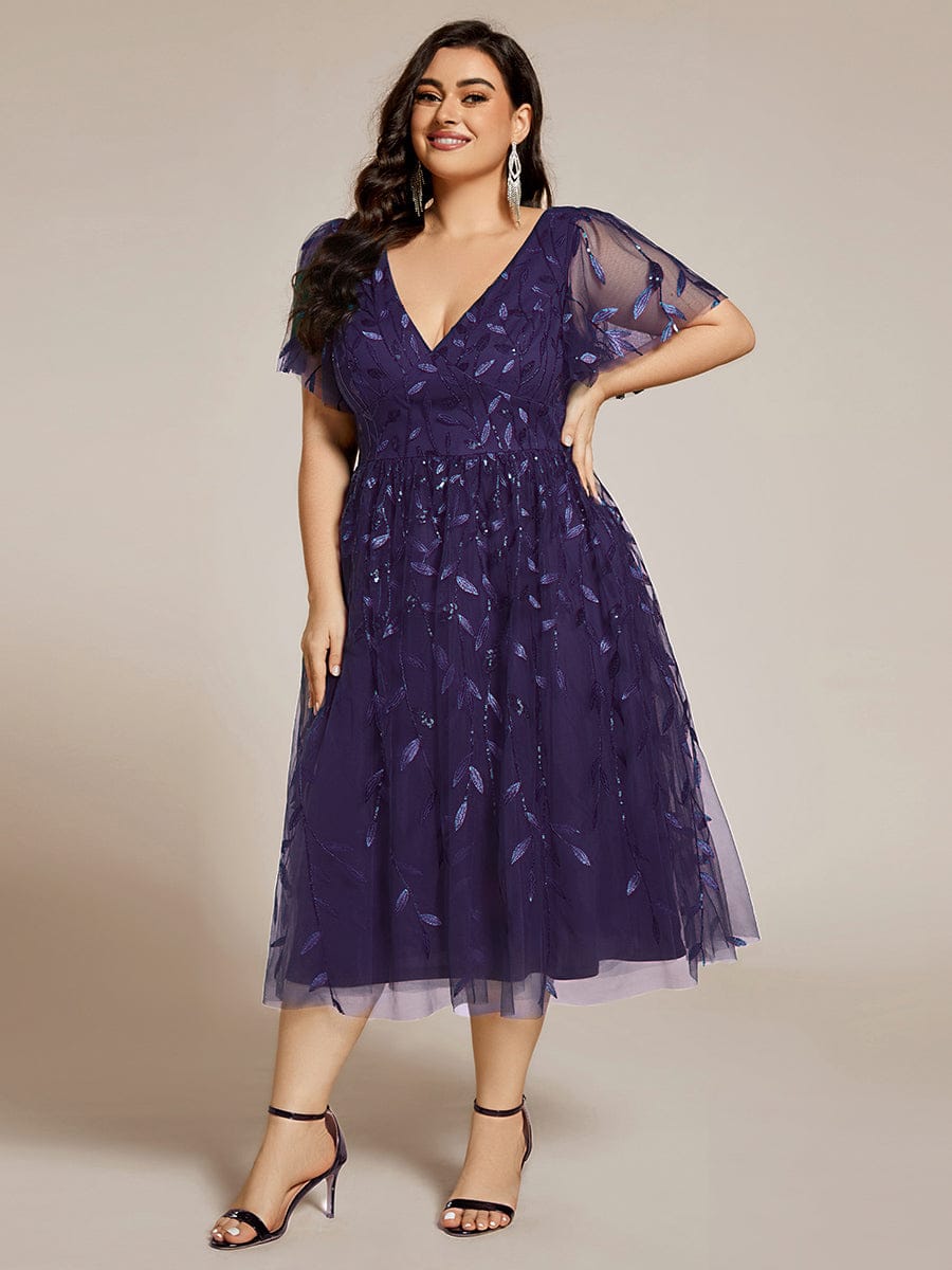 Plus Size Sparkly A-Line Midi Tulle Formal Wedding Guest Dress with Leaf Sequin #color_Dark Purple