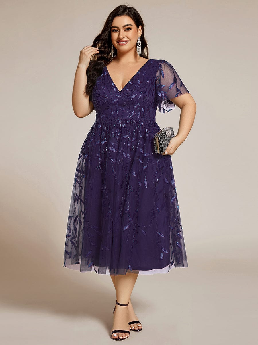 Plus Size Sparkly A-Line Midi Tulle Formal Wedding Guest Dress with Leaf Sequin #color_Dark Purple