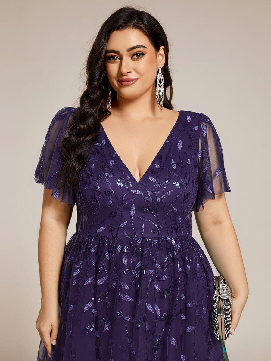 Plus Size Sparkly A-Line Midi Tulle Formal Wedding Guest Dress with Leaf Sequin #color_Dark Purple