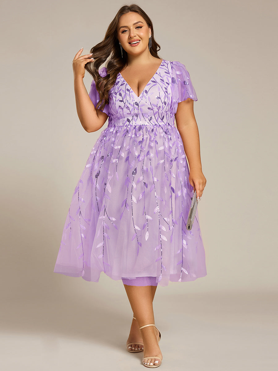 Plus Size Sparkly A-Line Midi Tulle Formal Wedding Guest Dress with Leaf Sequin #color_Lavender