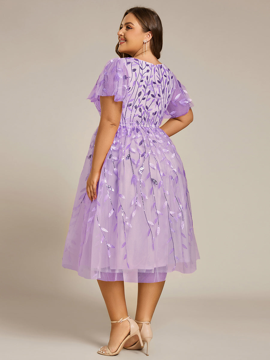 Plus Size Sparkly A-Line Midi Tulle Formal Wedding Guest Dress with Leaf Sequin #color_Lavender