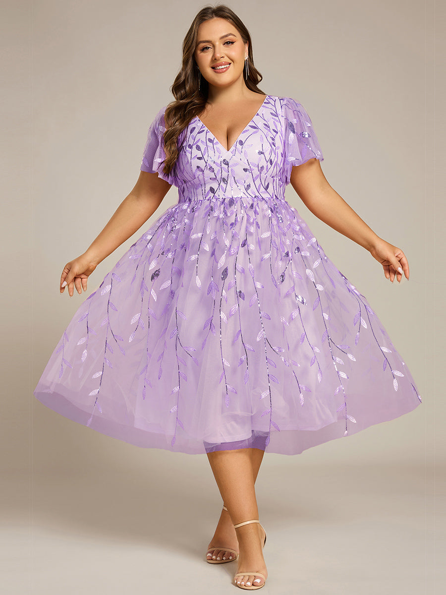 Plus Size Sparkly A-Line Midi Tulle Formal Wedding Guest Dress with Leaf Sequin #color_Lavender