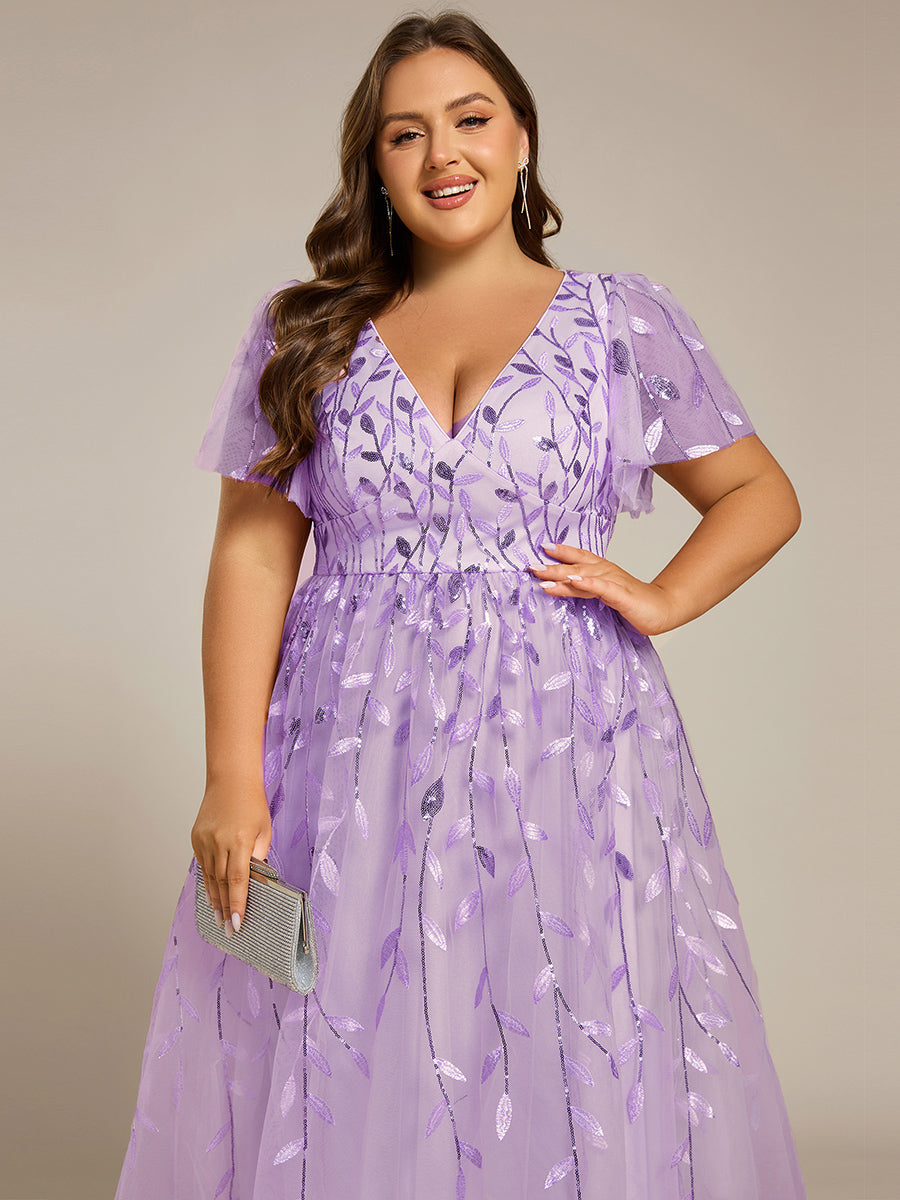 Plus Size Sparkly A-Line Midi Tulle Formal Wedding Guest Dress with Leaf Sequin #color_Lavender