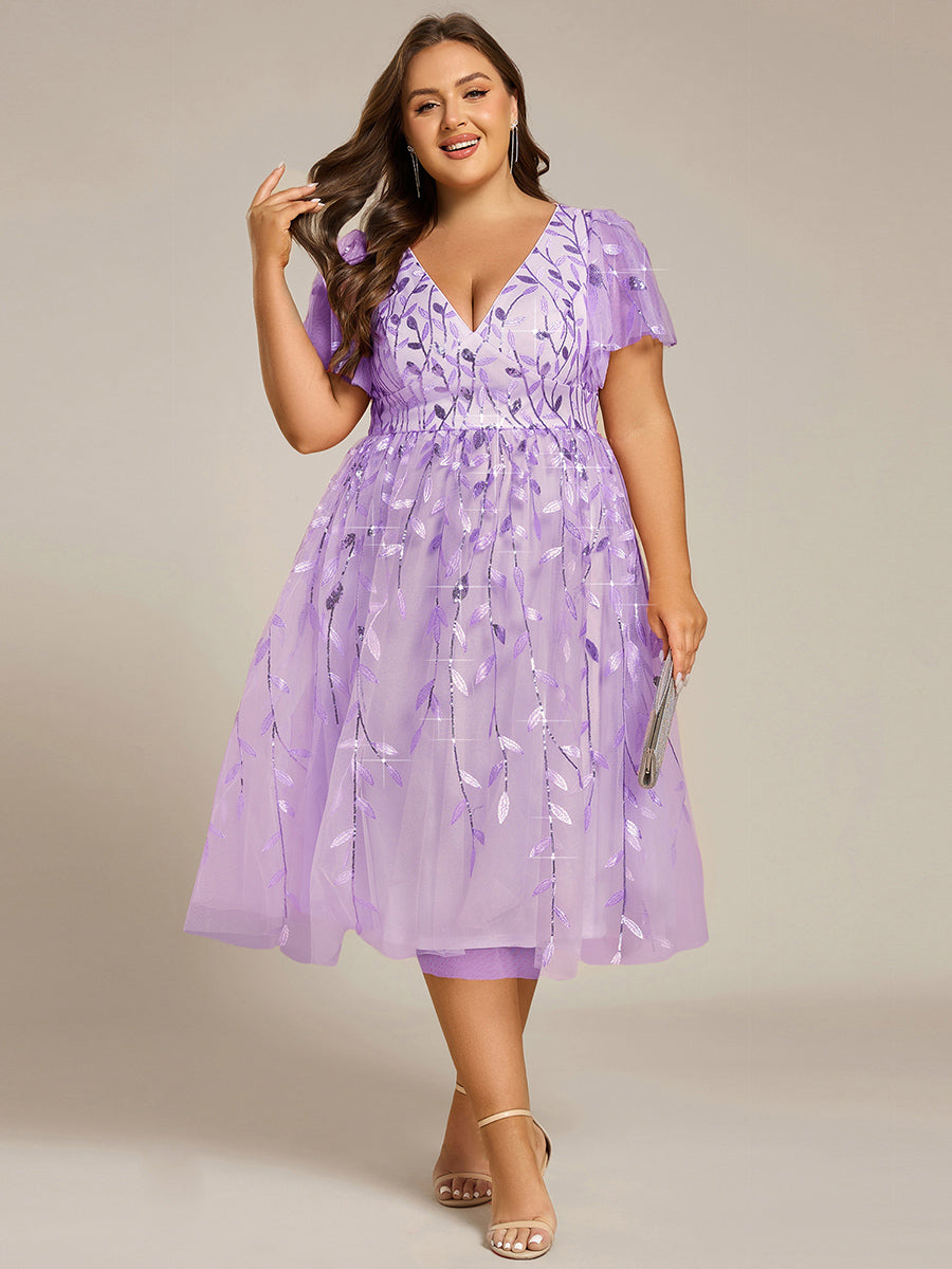 Plus Size Sparkly A-Line Midi Tulle Formal Wedding Guest Dress with Leaf Sequin #color_Lavender
