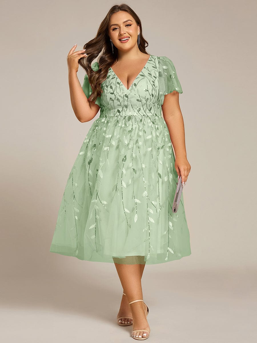Plus Size Sparkly A-Line Midi Tulle Formal Wedding Guest Dress with Leaf Sequin #color_Mint Green