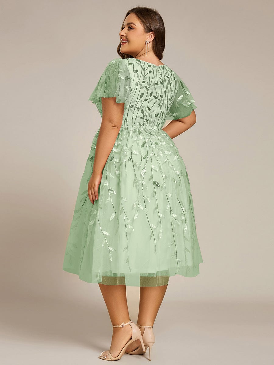 Plus Size Sparkly A-Line Midi Tulle Formal Wedding Guest Dress with Leaf Sequin #color_Mint Green