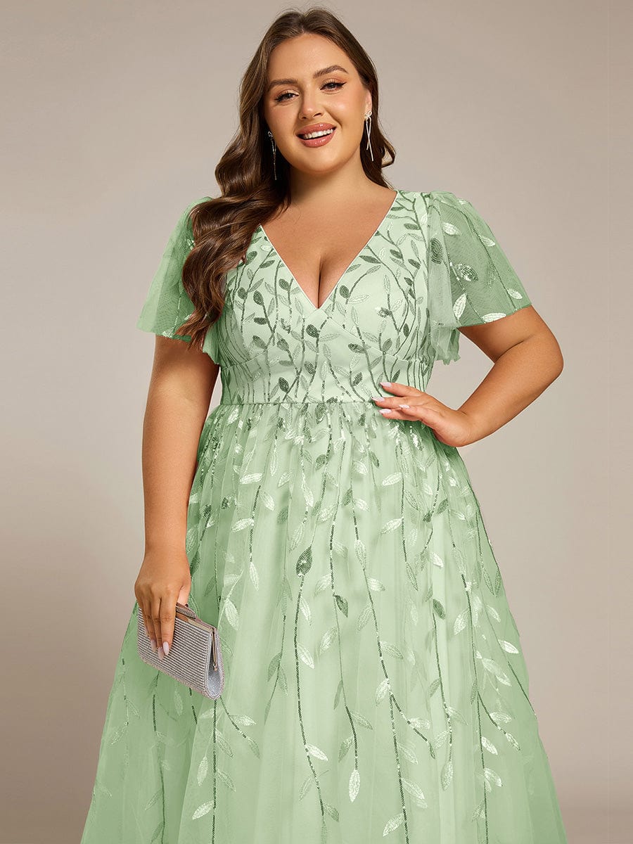Plus Size Sparkly A-Line Midi Tulle Formal Wedding Guest Dress with Leaf Sequin #color_Mint Green