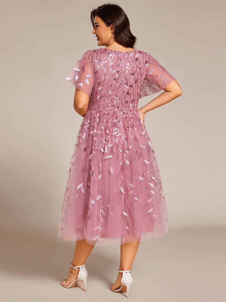 Plus Size Sparkly A-Line Midi Tulle Formal Wedding Guest Dress with Leaf Sequin #color_Purple Orchid