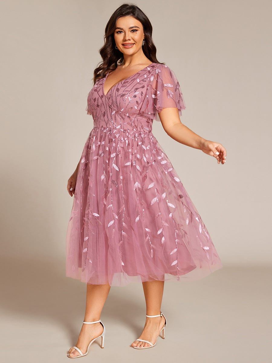 Plus Size Sparkly A-Line Midi Tulle Formal Wedding Guest Dress with Leaf Sequin #color_Purple Orchid