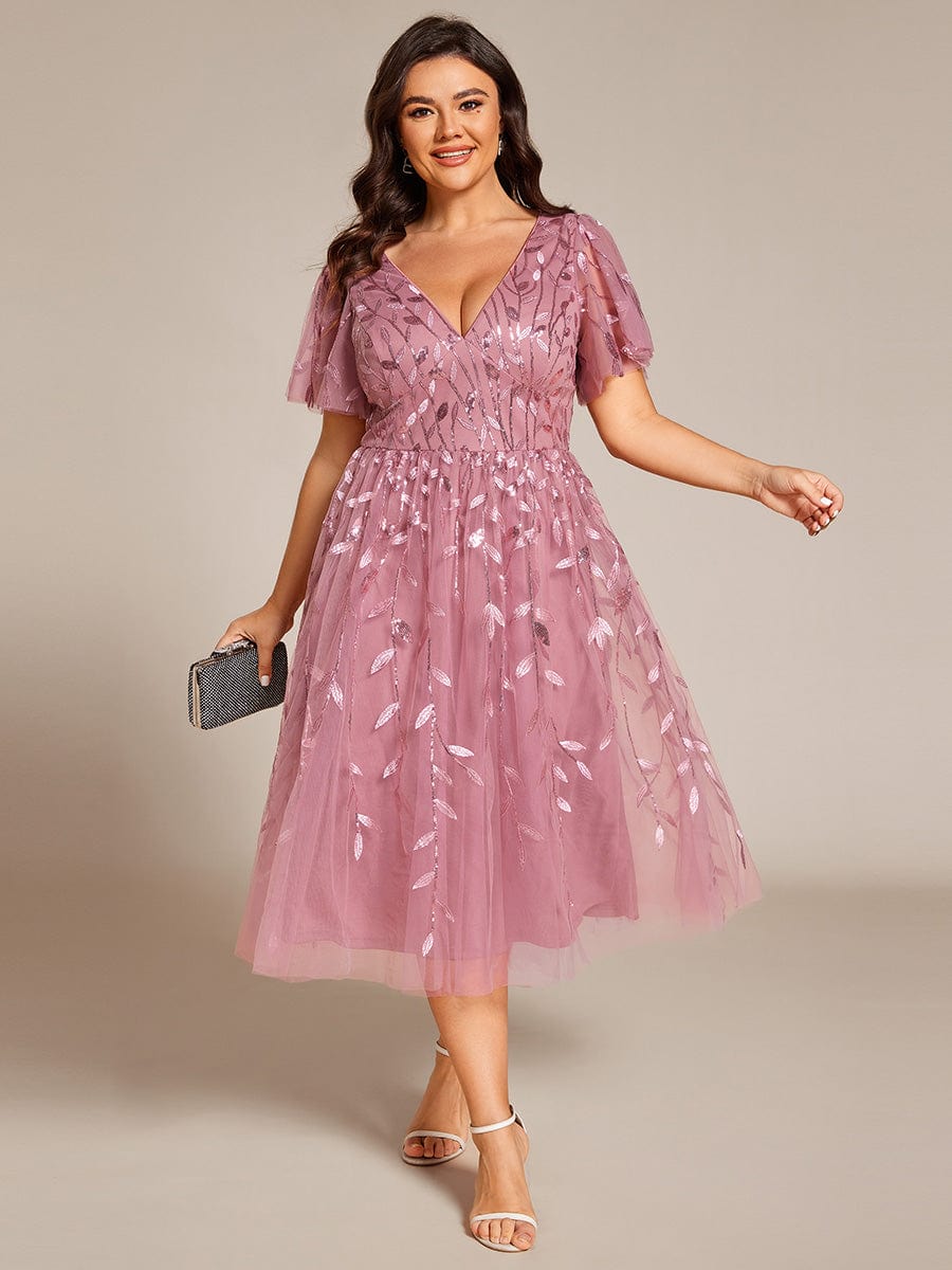 Plus Size Sparkly A-Line Midi Tulle Formal Wedding Guest Dress with Leaf Sequin #color_Purple Orchid