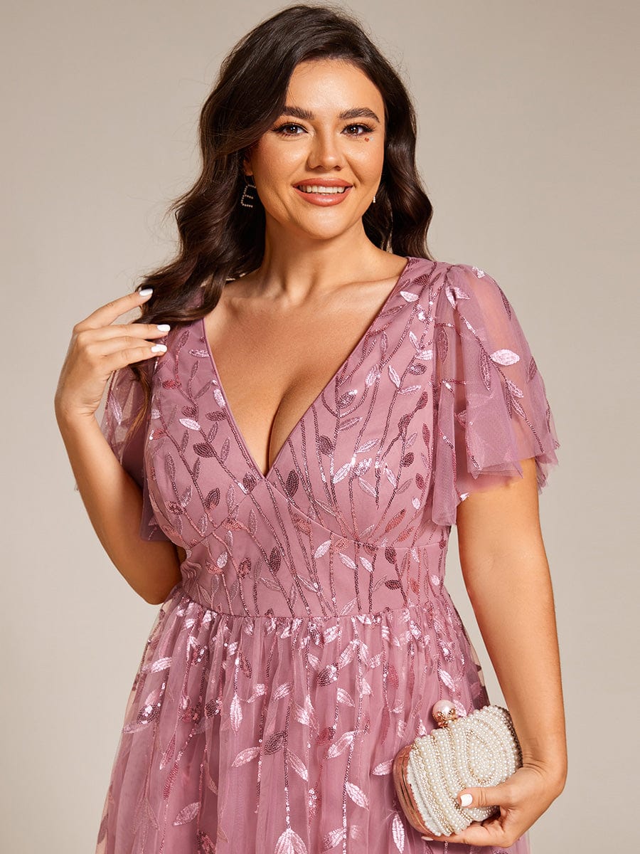 Plus Size Sparkly A-Line Midi Tulle Formal Wedding Guest Dress with Leaf Sequin #color_Purple Orchid