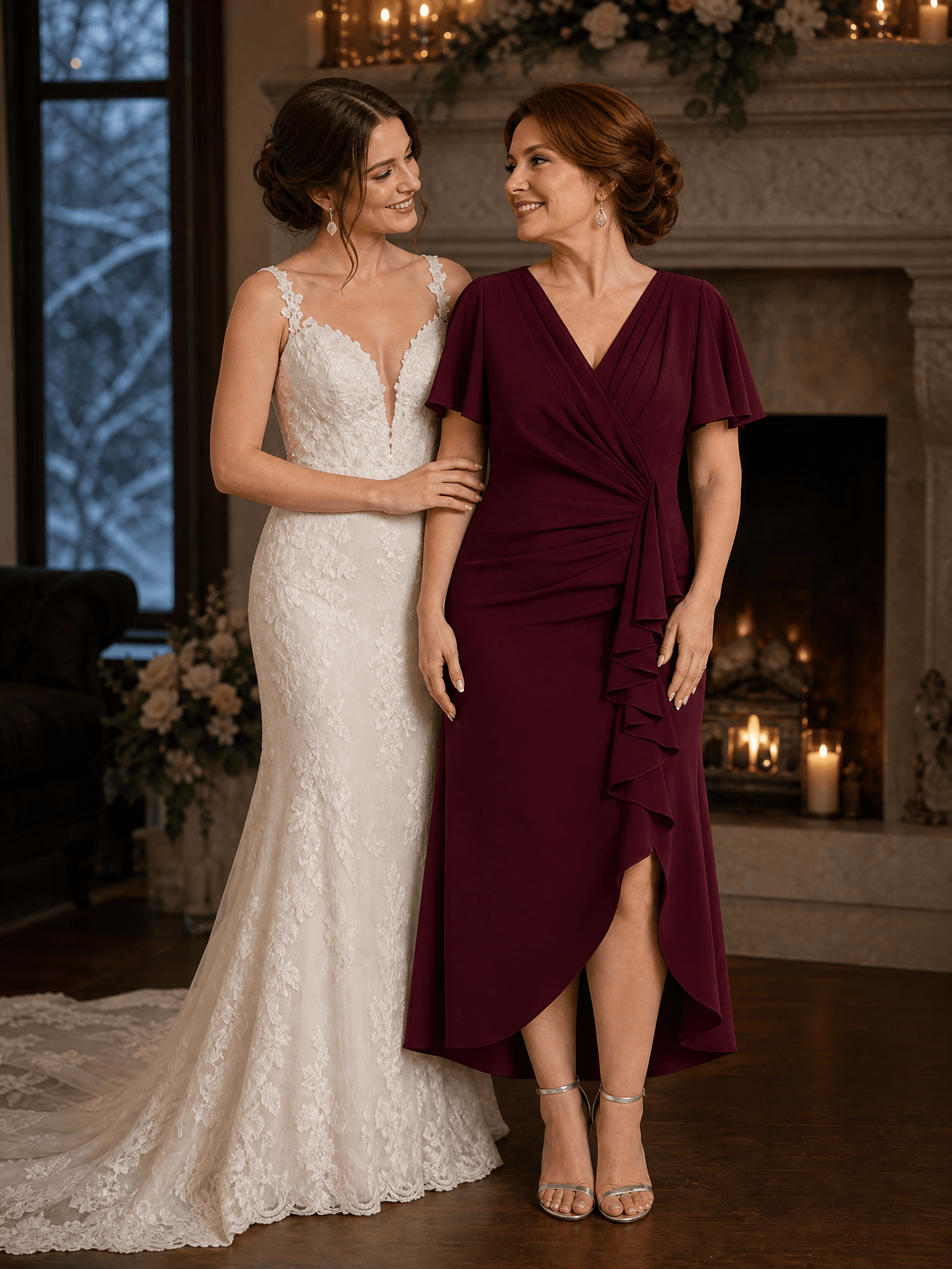 Thigh-High Slit Knit Ruffle Sleeve Wedding Guest Dress #color_Burgundy