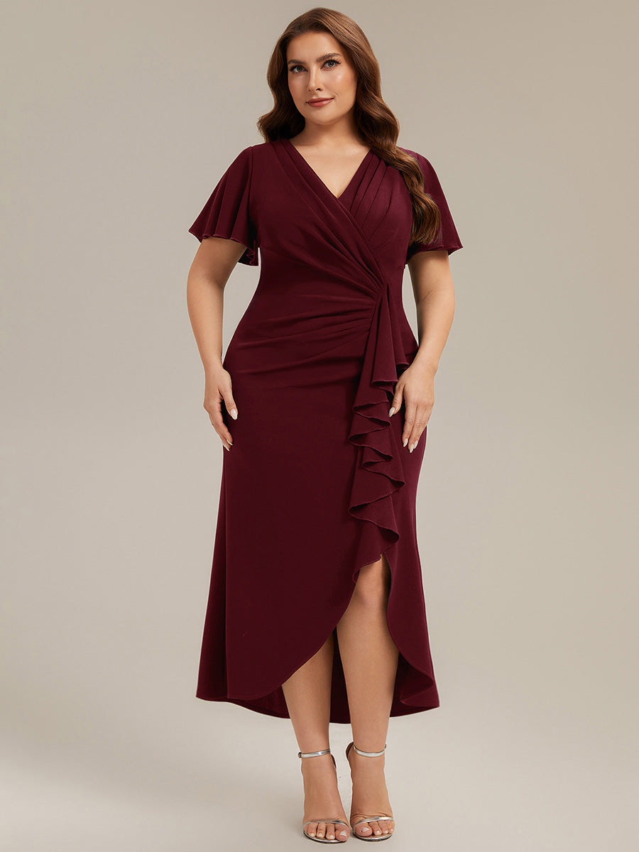 Thigh-High Slit Knit Ruffle Sleeve Wedding Guest Dress #color_Burgundy