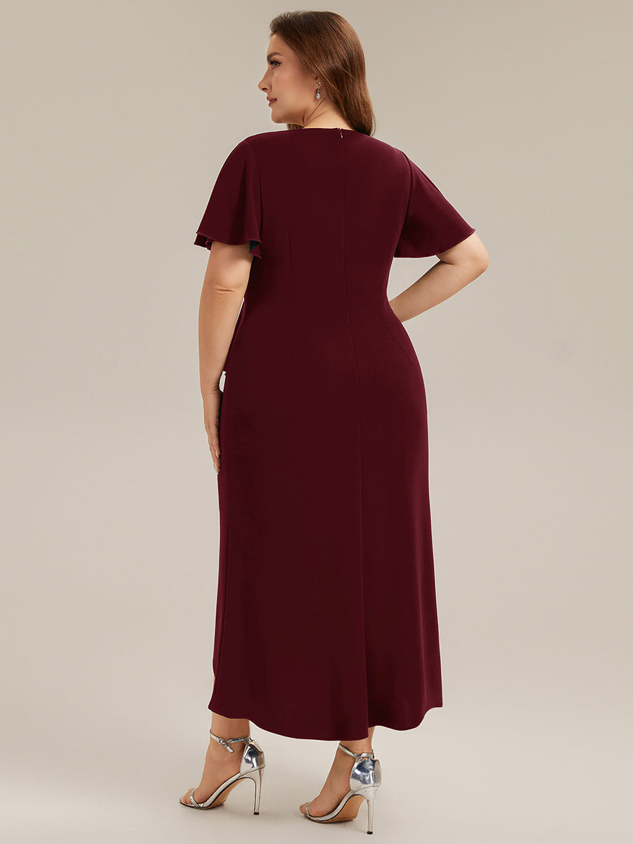 Thigh-High Slit Knit Ruffle Sleeve Wedding Guest Dress #color_Burgundy